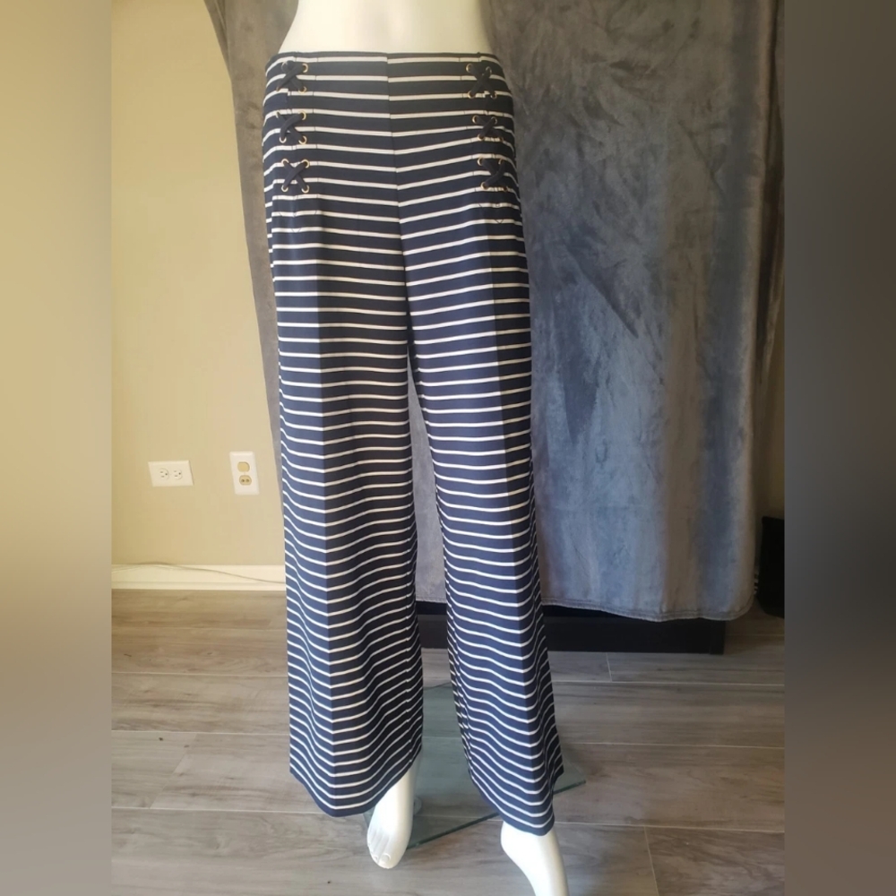 New York And Company, Navy Striped Women's Wide-Leg Pants, Size Small
